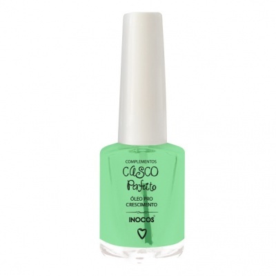 Frasco de verniz de unhas verde com tampa branca e texto preto