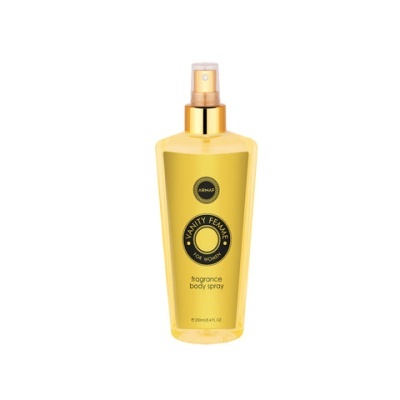 Frasco amarelo de spray corporal Vanity Femme Armaf