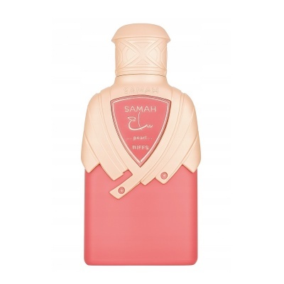 Frasco de perfume rosa com tampa creme e texto SAMAH pearl RIFFS