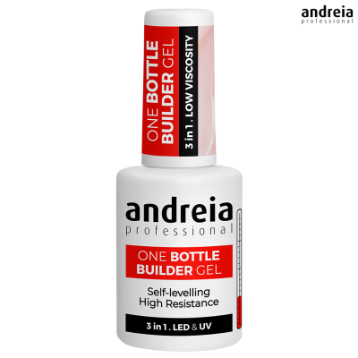 Frasco de verniz gel branco com tampa branca e texto em vermelho, preto e branco.