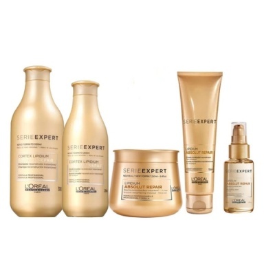 Conjunto de cinco produtos dourados L'Oreal Serie Expert Absolut Repair para cabelo