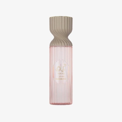 Frasco rosa translúcido de perfume TERIAQ Lattafa com tampa cinza texturada