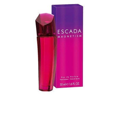 Frasco de perfume Escada Magnetism e embalagem colorida em tons de roxo e rosa