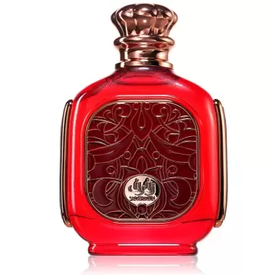 Frasco de perfume vermelho com detalhes dourados rosé e padrão em relevo