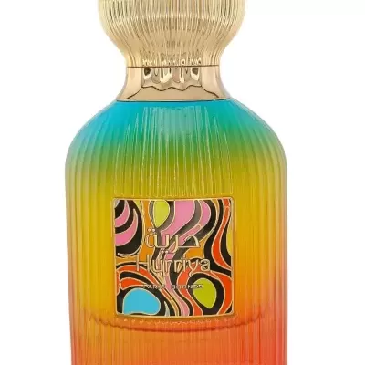 Frasco de perfume colorido com tampa dourada e etiqueta multicolorida