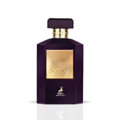 Frasco de perfume roxo escuro com etiqueta dourada e logotipo de cervo