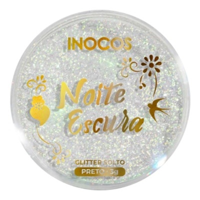 Embalagem redonda transparente com glitter solto preto e texto dourado