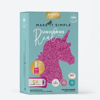 Embalagem de produto de beleza azul com imagem rosa brilhante de unicórnio e textos em inglês