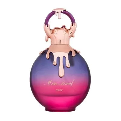 Frasco de perfume redondo rosa e azul com tampa dourada e texto Miss Armaf CHIC