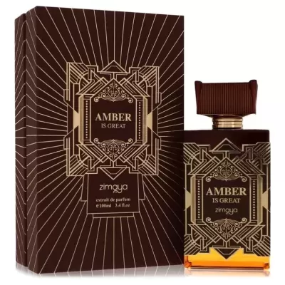 Frasco de perfume Zimaya Amber is Great com caixa decorada em castanho e dourado