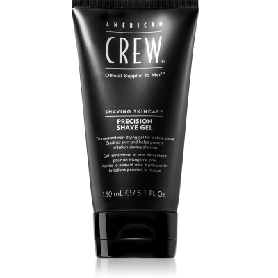 Gel de barbear American Crew em embalagem preta com texto branco