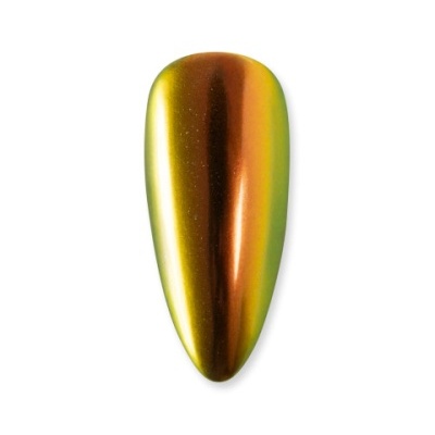 Unha artificial cromada em tons dourados e verdes