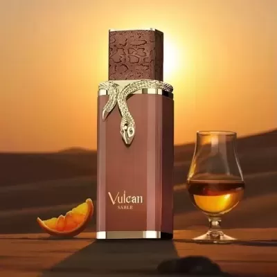 Frasco de perfume castanho Vulcan SABLE com serpente dourada, fatia de laranja e copo de líquido âmbar num cenário desértico ao pôr do sol