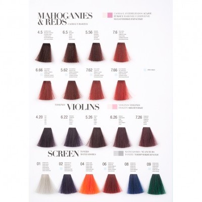 Cartaz com amostras de cores de cabelo em diversas tonalidades de castanho, vermelho, cinzento, laranja, azul e verde.