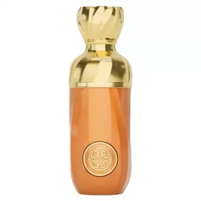 Frasco de perfume laranja com tampa dourada e selo PERSEVIRON