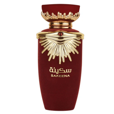 Frasco de perfume vermelho escuro com detalhes dourados