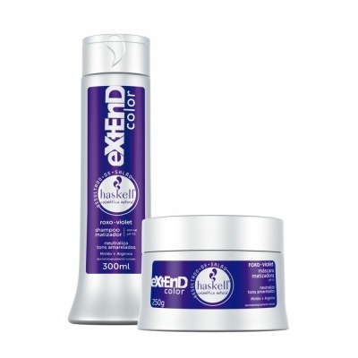 Produtos de cabelo Haskell Extend Color em embalagens roxa e branca