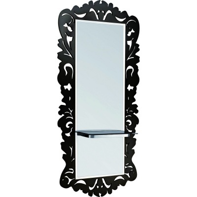 Espelho retangular com moldura decorativa preta e prateleira preta