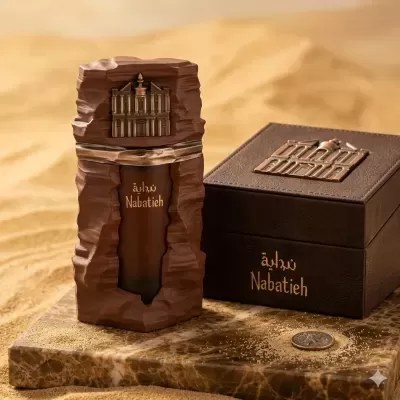 Frasco de perfume decorativo castanho com caixa texturada Nabatieh sobre base de mármore e areia