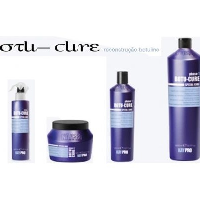 Produtos cosméticos BOTU-CURE em frascos roxos com rótulos azuis