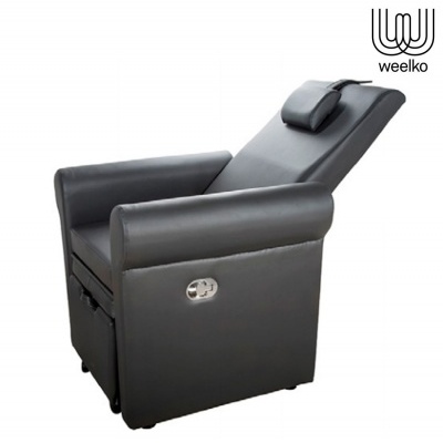 Cadeira reclinável em couro sintético cinzento escuro com apoio de cabeça e alavanca metálica