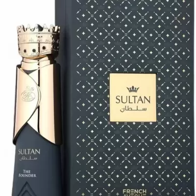Perfume SULTAN THE FOUNDER com frasco azul escuro e caixa com padrão dourado