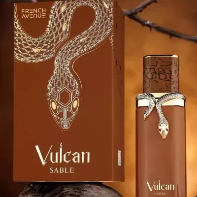 Frasco e caixa de perfume Vulcan Sable com decoração de serpente em tom castanho