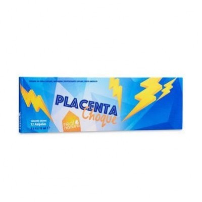 Embalagem azul do produto PLACENTA Choque com gráficos de raios amarelos