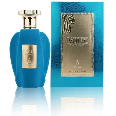 Frasco azul de perfume com rótulo dourado e caixa azul com detalhes dourados