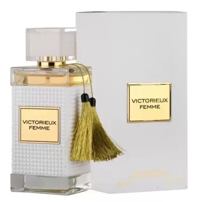 Frasco de perfume VICTORIEUX FEMME com caixa branca e detalhes dourados