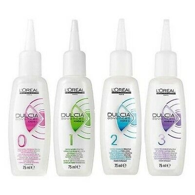 Quatro frascos L'Oréal Dulcia Advanced numerados 0 a 3 em cores rosa, verde, azul e roxo