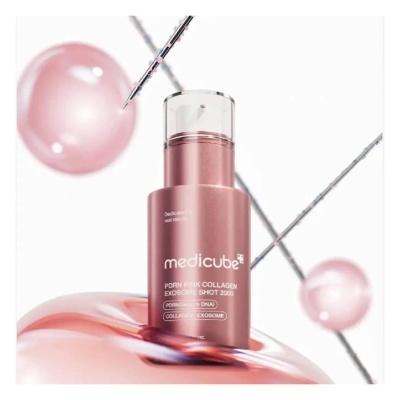 Frasco rosa de produto Medicube PDRN Pink Collagen Exosome Shot