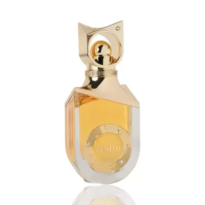 Frasco de perfume âmbar com tampa dourada e detalhe ZENITH.