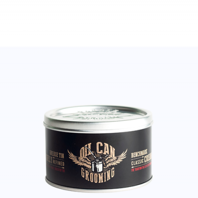Lata preta com tampa metálica prateada de pomada para cabelo Oil Can Grooming