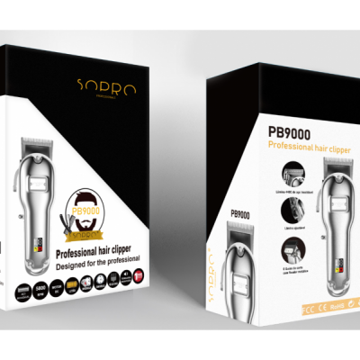 Embalagens da máquina de cortar cabelo profissional SOBPRO PB9000 em preto, branco e dourado.