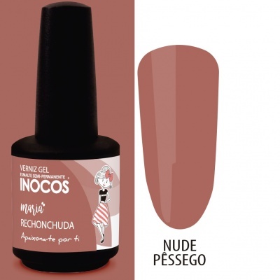 Frasco de verniz gel nude pêssego Inocos Maria Rechonchuda com amostra da cor