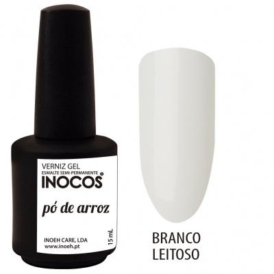 Verniz gel Inocos pó de arroz e amostra da cor branco leitoso