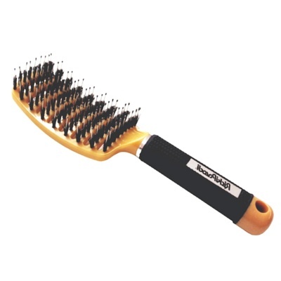 Escova de cabelo laranja e preta com rótulo RubberDuo