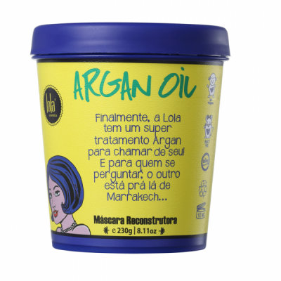 Pote plástico amarelo e azul de máscara reconstrutora Argan Oil da Lola Cosmetics com texto informativo em português.