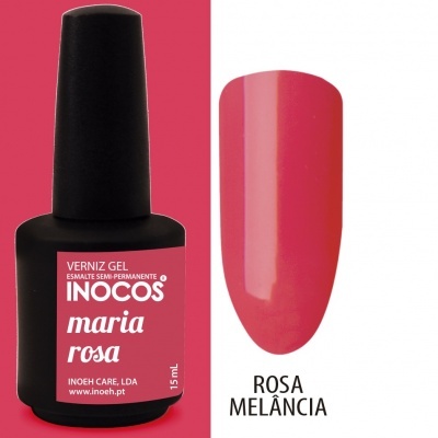 Verniz gel INOCOS cor rosa melância com embalagem preta e rosa