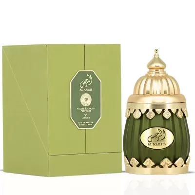 Frasco verde e dourado de perfume AL NARJIS com caixa verde
