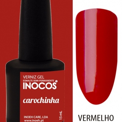 Frasco de verniz em gel INOCOS cor vermelho puro.