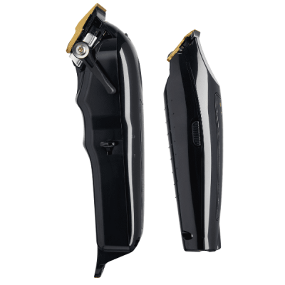 Máquina de cortar cabelo e aparador de barba pretos com lâminas douradas