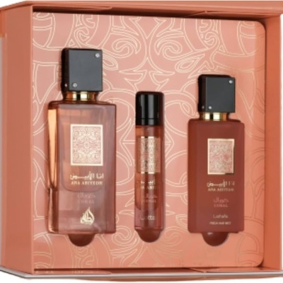 Conjunto de três fragrâncias em frascos cor de coral numa caixa decorativa