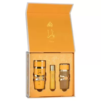Conjunto de frascos laranja e dourado em caixa laranja aberta