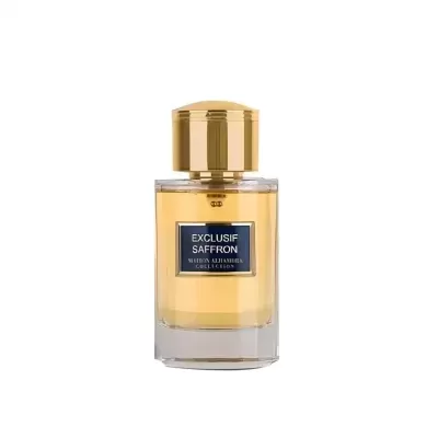 Frasco de perfume Exclusif Saffron com tampa dourada e rótulo azul