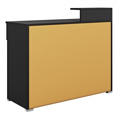 Balcão de receção preto com frontal amarelo e design moderno