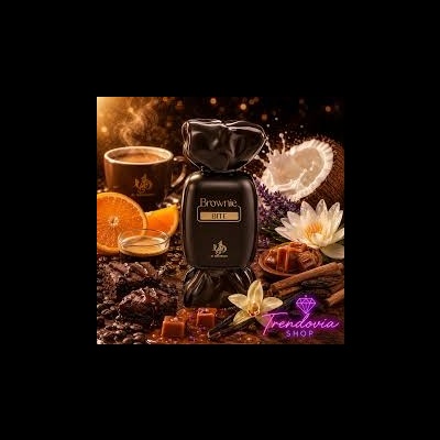 Doce Brownie BITTE em embalagem preta com café, laranja, canela e flores no fundo