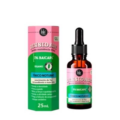 Frasco âmbar com conta-gotas e embalagem rosa e verde do tónico noturno 'Densidade'