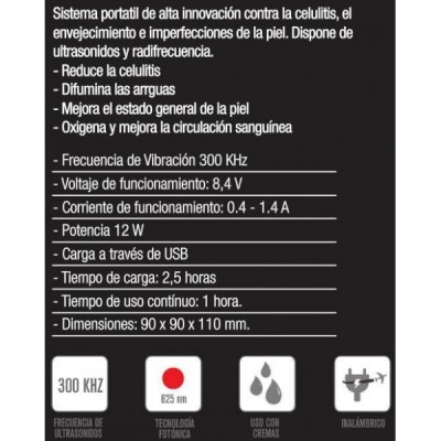 Etiqueta com descrição detalhada e especificações técnicas de sistema portátil contra celulite em espanhol